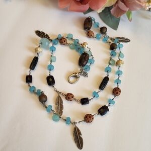 Lucky Brand Sign Tag Bohemian Glass Wood Beads Feather Charm Silvertone